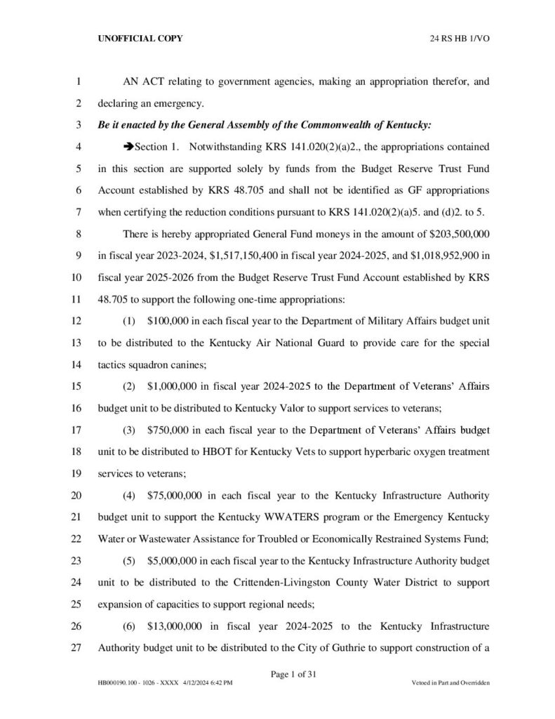 thumbnail of 2024 KY HB 1 Funding